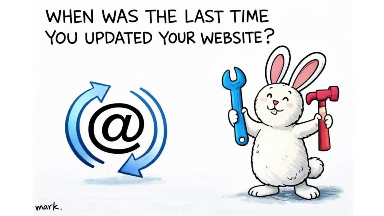 Cartoon bunny holding a wrench and hammer beside a refreshing @ symbol